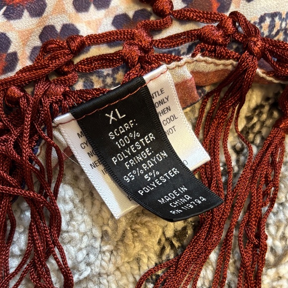 Boho Fringe Triangle Scarf with Red, Navy & Cream Pattern - Picture 2 of 2